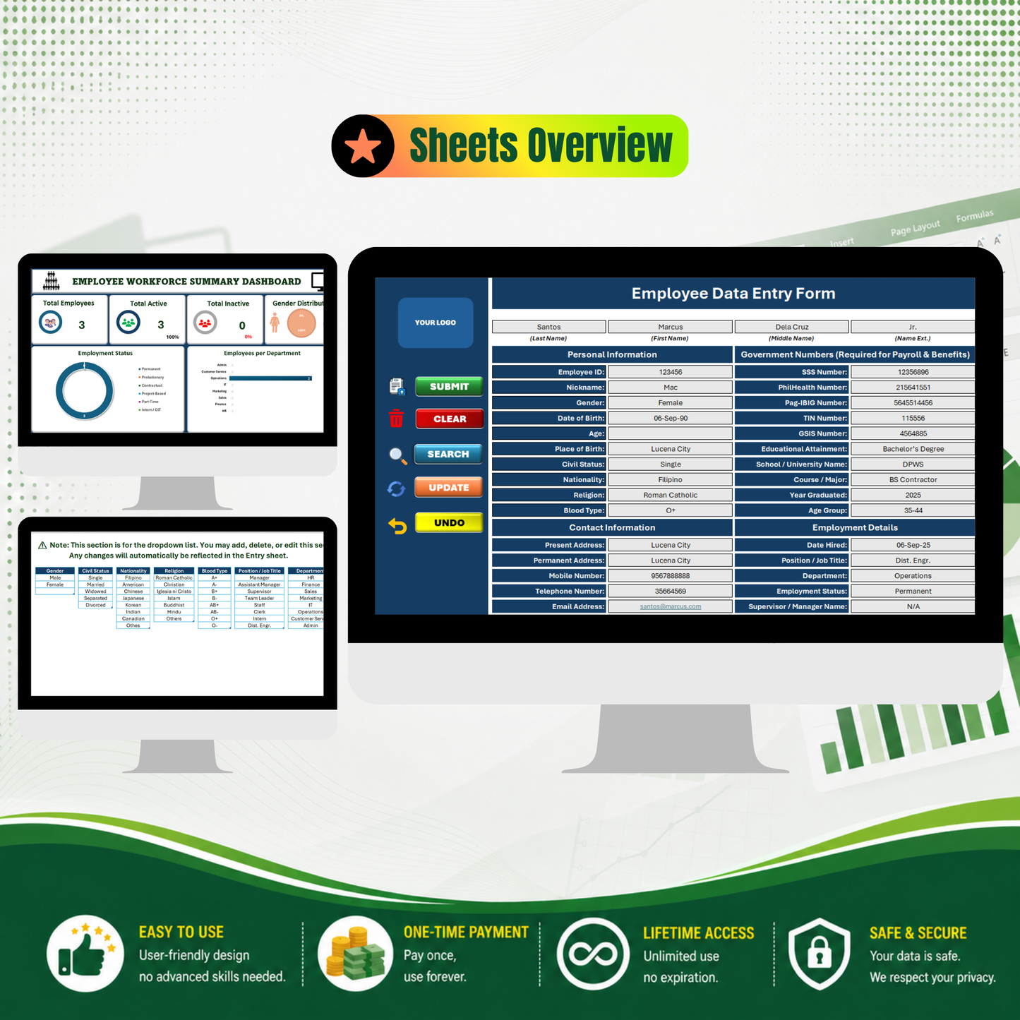 Employee Data Entry Form with Dashboard - Excel Template