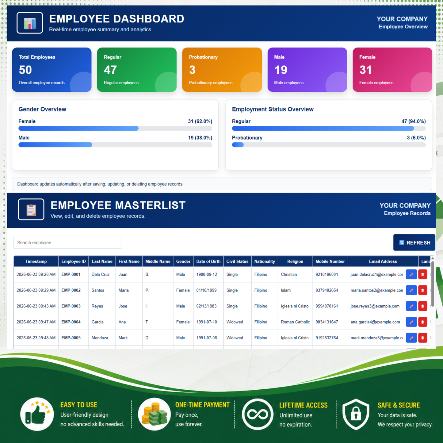 Employee Management System with Data Entry Form & Dashboard - Google Sheets Template