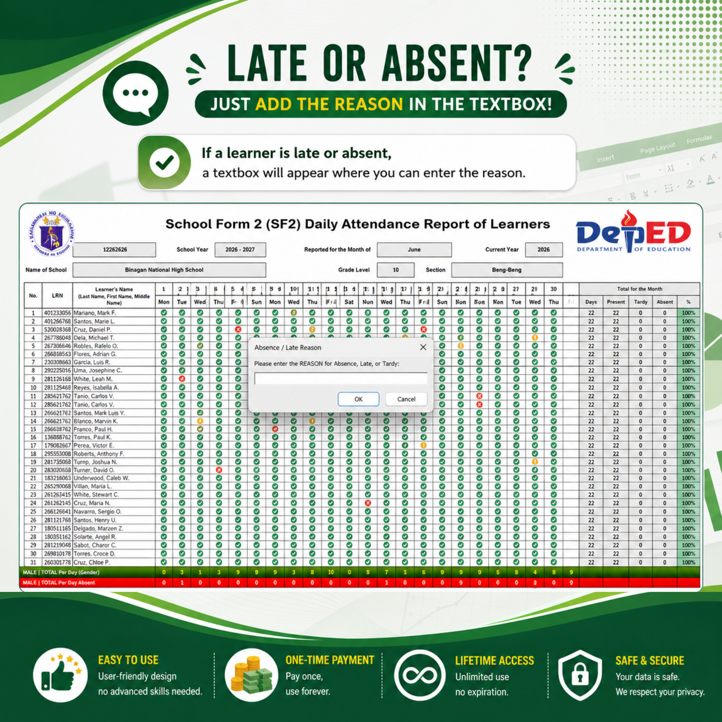 School Form 2 (SF2) Daily Attendance Report of Learners - Excel Template