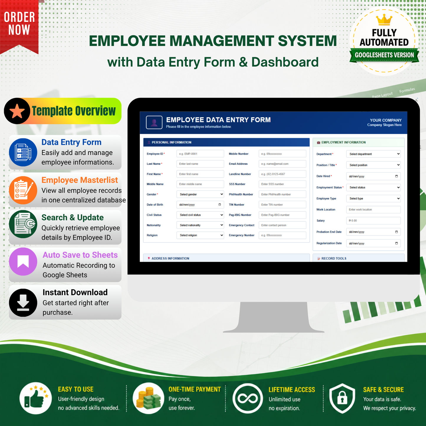 Employee Management System with Data Entry Form & Dashboard - Google Sheets Template