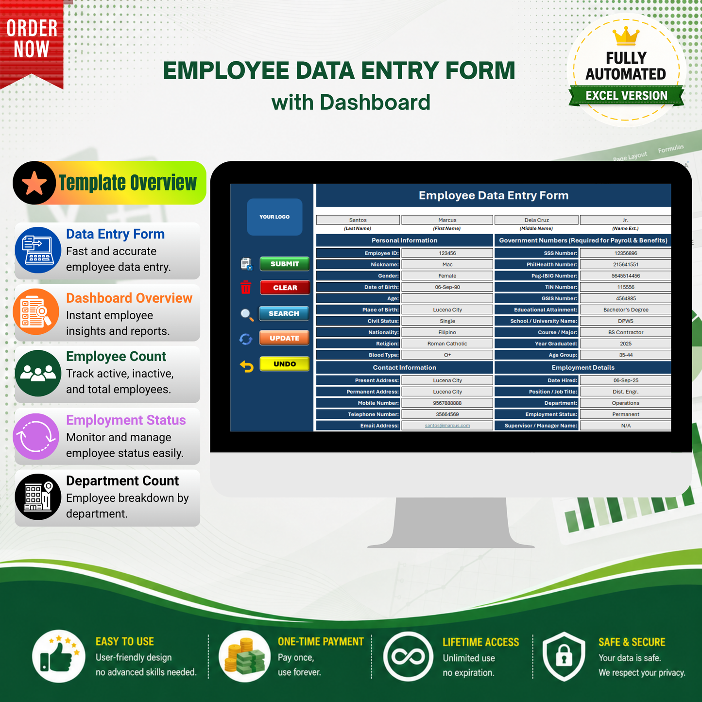 Employee Data Entry Form with Dashboard - Excel Template