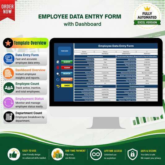 Employee Data Entry Form with Dashboard - Excel Template