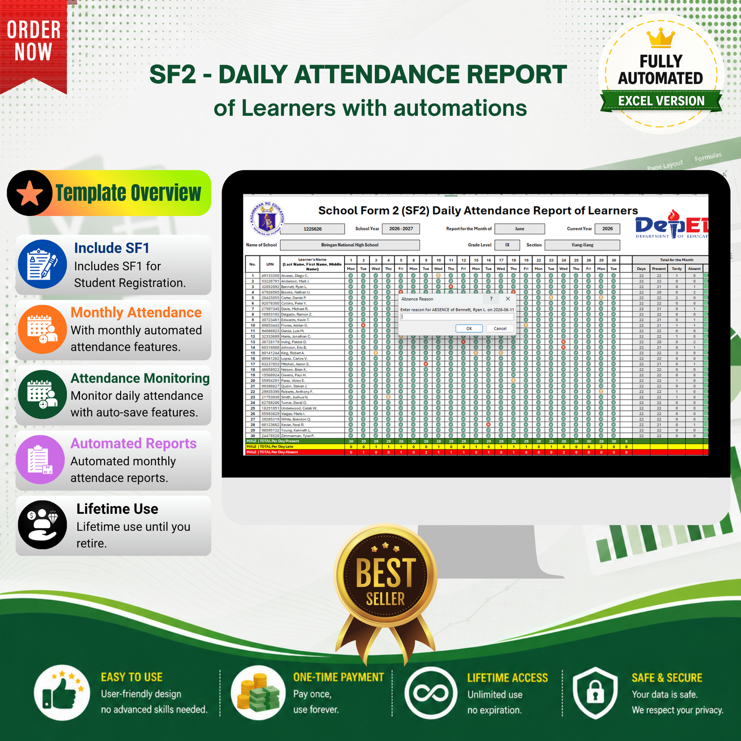 School Form 2 (SF2) Daily Attendance Report of Learners - Excel Template